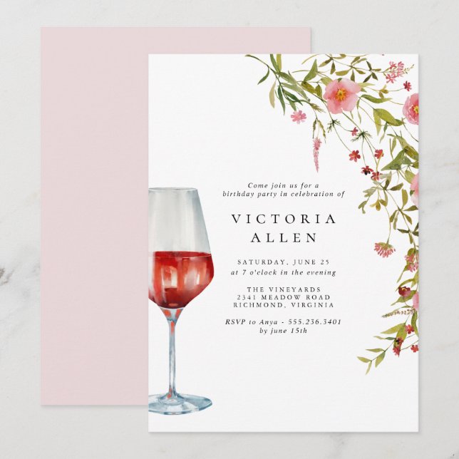 Red Wine | Elegant Pink Floral Women's Birthday Invitation (Front/Back)