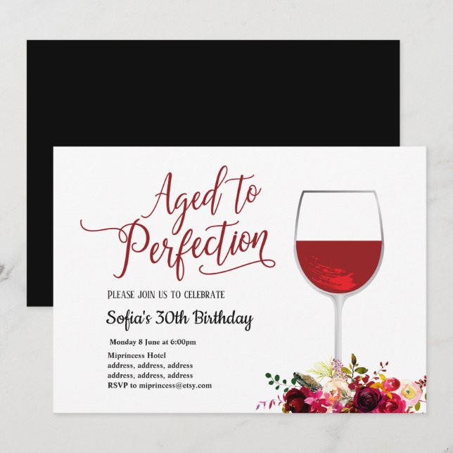 red wine, floral, aged to perfection, birthday invitation (Front/Back)