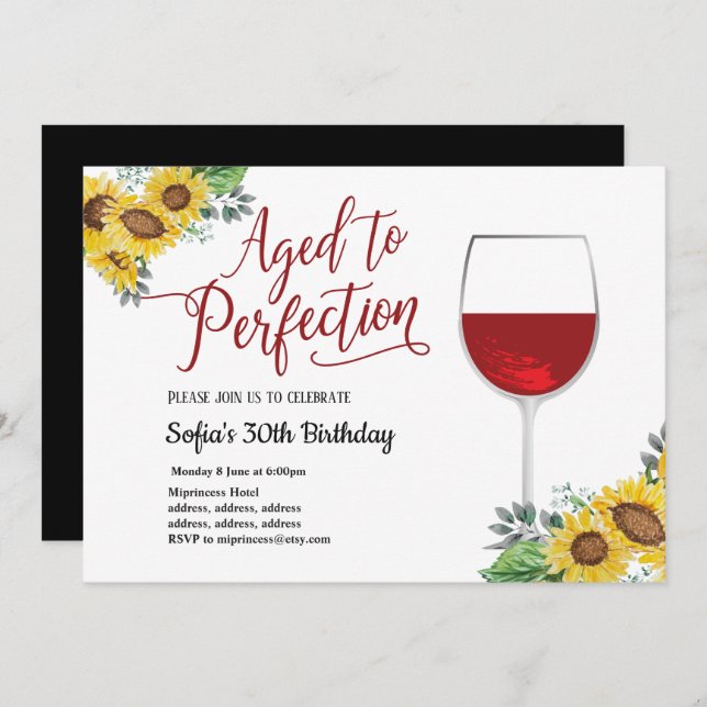 red wine, floral, aged to perfection, birthday invitation (Front/Back)
