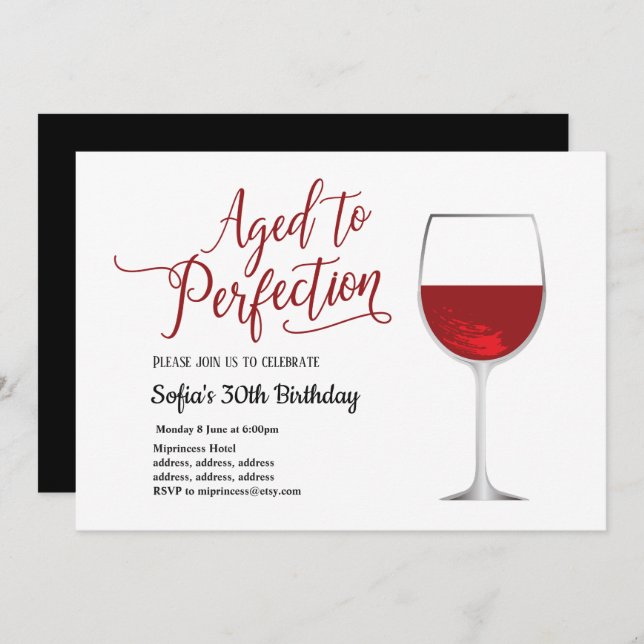 red wine, floral, aged to perfection, birthday invitation (Front/Back)