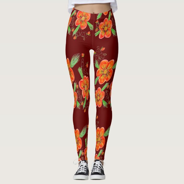 Red Wine Flowered Leggings (Front)