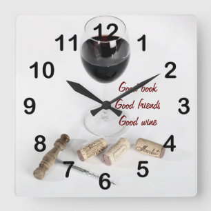 Red wine glass and corks square wall clock
