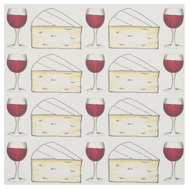 Red Wine Glass and Creamy Brie Cheese Foodie Fabric (Swatch)