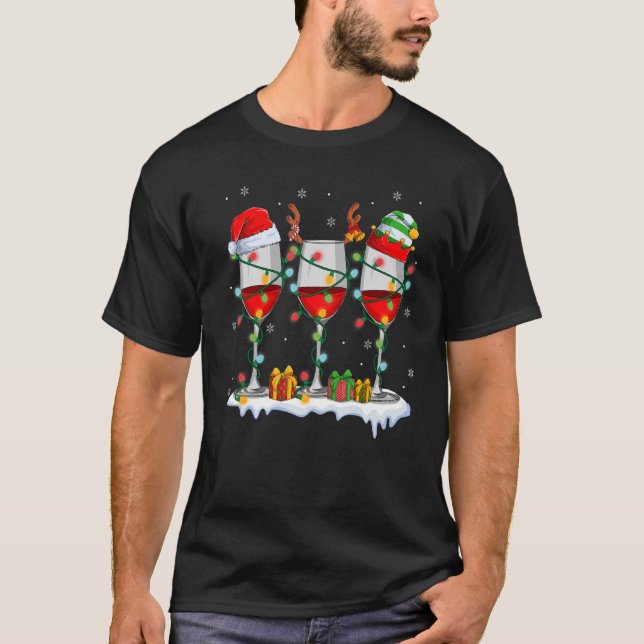 Red Wine Glass Christmas  Santa Hat Elf Deer Xmas  T-Shirt (Front)