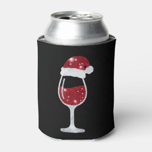 Red Wine Glass Glitter Santa Hat Christmas Xmas Can Cooler