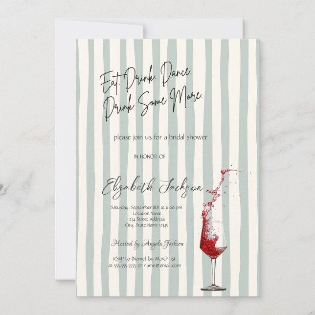 Red Wine Glass Green Stripes Bridal Shower Invitation (Front)