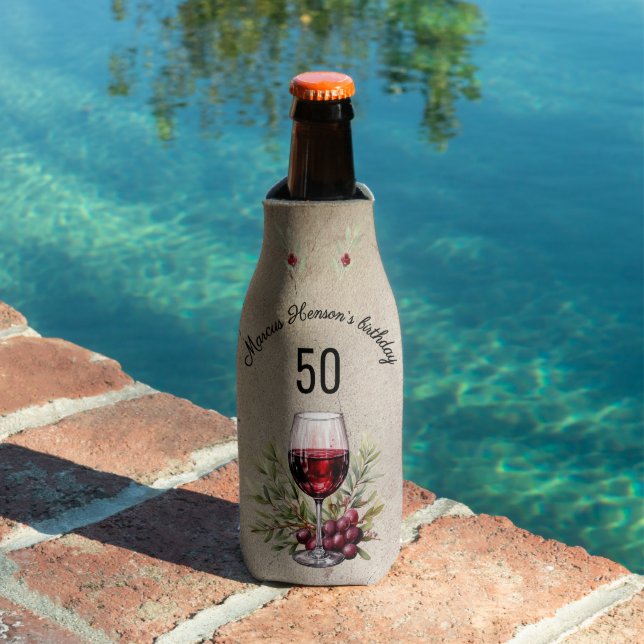Red Wine Glass Olive Watercolor 50th Birthday  Bottle Cooler (In Situ Pool)