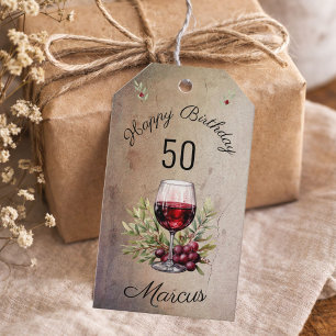 Red Wine Glass Olive Watercolor 50th Birthday  Gift Tags