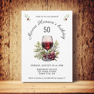 Red Wine Glass Olive Watercolor 50th Birthday  Invitation