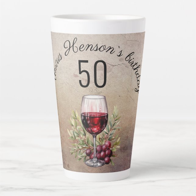 Red Wine Glass Olive Watercolor 50th Birthday  Latte Mug (Front)