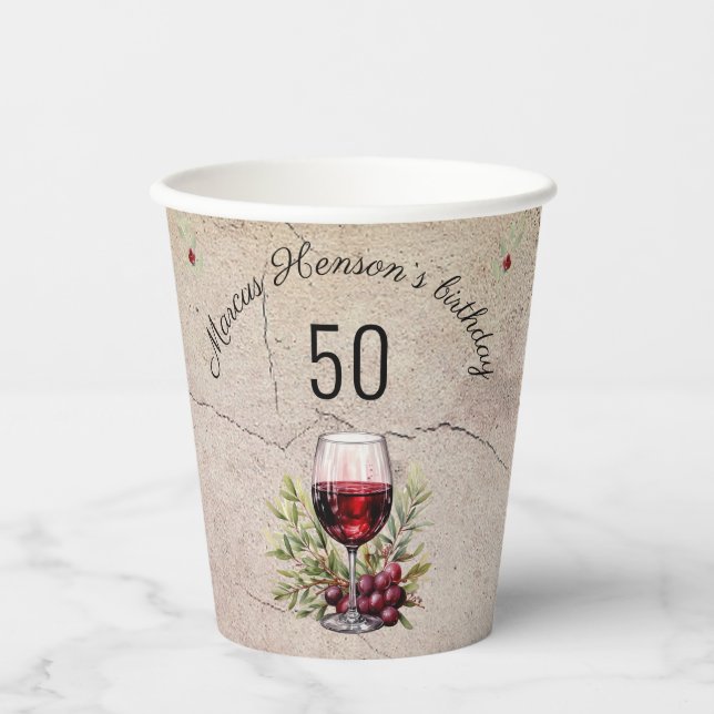 Red Wine Glass Olive Watercolor 50th Birthday  Paper Cups (Front)