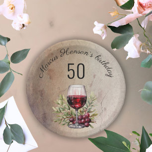 Red Wine Glass Olive Watercolor 50th Birthday Paper Plate