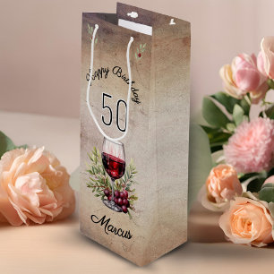 Red Wine Glass Olive Watercolor 50th Birthday  Wine Gift Bag