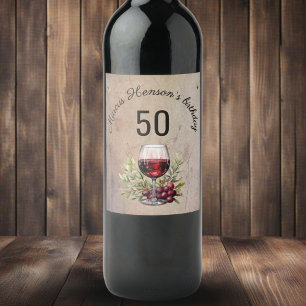 Red Wine Glass Olive Watercolor 50th Birthday  Wine Label