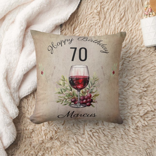 Red Wine Glass Olive Watercolor Birthday Cushion (Blanket)