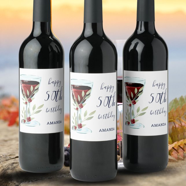 Red Wine Glass Rose Watercolor 50th Birthday Label (Creator Uploaded)