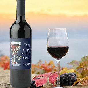 Red Wine Glass Rose Watercolor Blue 50th Birthday Wine Label