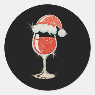 Red Wine Glass Santa Hat Glitter Christmas Xmas Classic Round Sticker