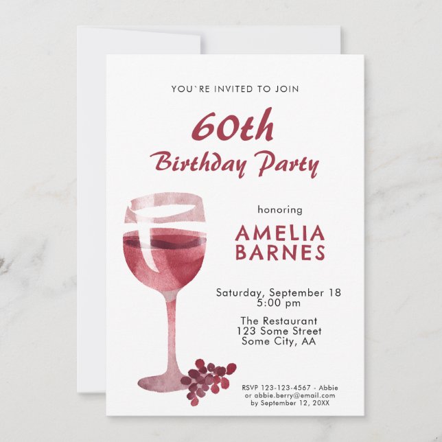 Red Wine Glass Watercolor 60th Birthday Party Invitation (Front)