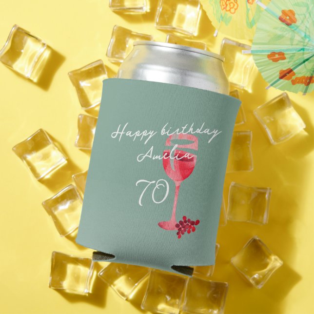 Red Wine Glass Watercolor 70th Birthday Party  Can Cooler (In Situ Summer)