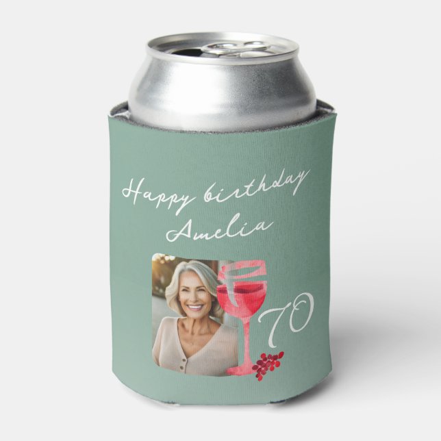 Red Wine Glass Watercolor 70th Birthday Photo Can Cooler (Can Front)