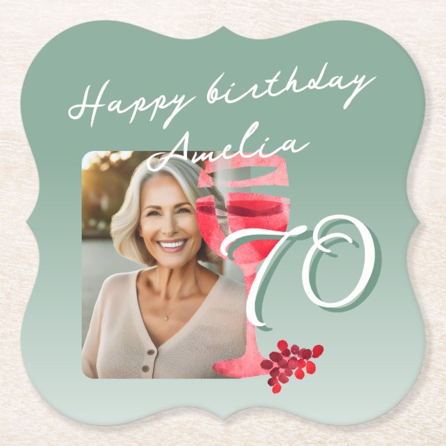 Red Wine Glass Watercolor 70th Birthday Photo Paper Coaster (Front)