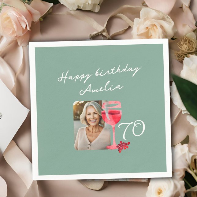 Red Wine Glass Watercolor Birthday Party Photo Napkin (Creator Uploaded)