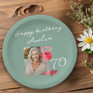 Red Wine Glass Watercolor Birthday Party Photo Paper Plate