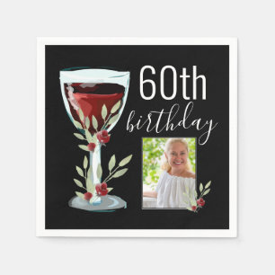 Red Wine Glass Watercolor Photo 60th Birthday Napkin
