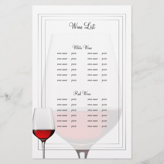 Red Wine Glass Wine Menu (Front)