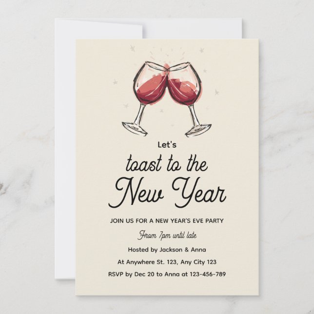 Red Wine Glasses Hand Drawn New Year's Eve Party Invitation (Front)