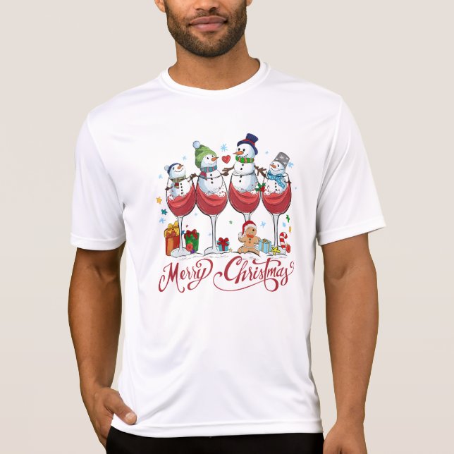 Red Wine Glasses with Snow Men Funny Christmas  T-Shirt (Front)