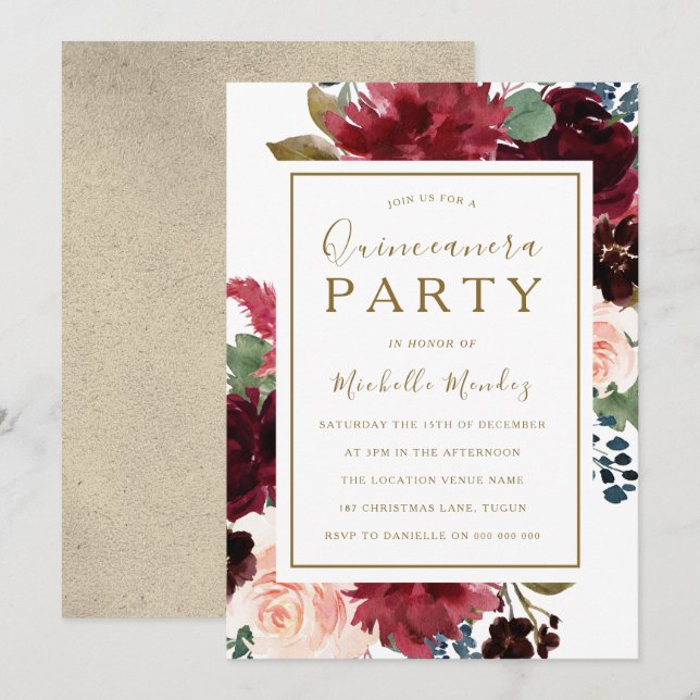 Red Wine Gold Floral Watercolor Quinceanera Party Invitation (Front/Back)