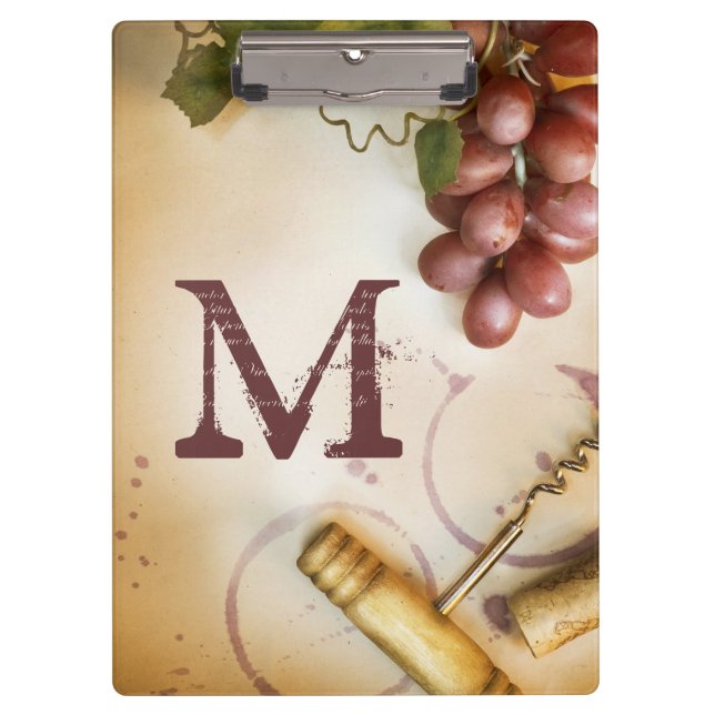 Red Wine Grapes Cork Monogram Initial Clip Board (Front)