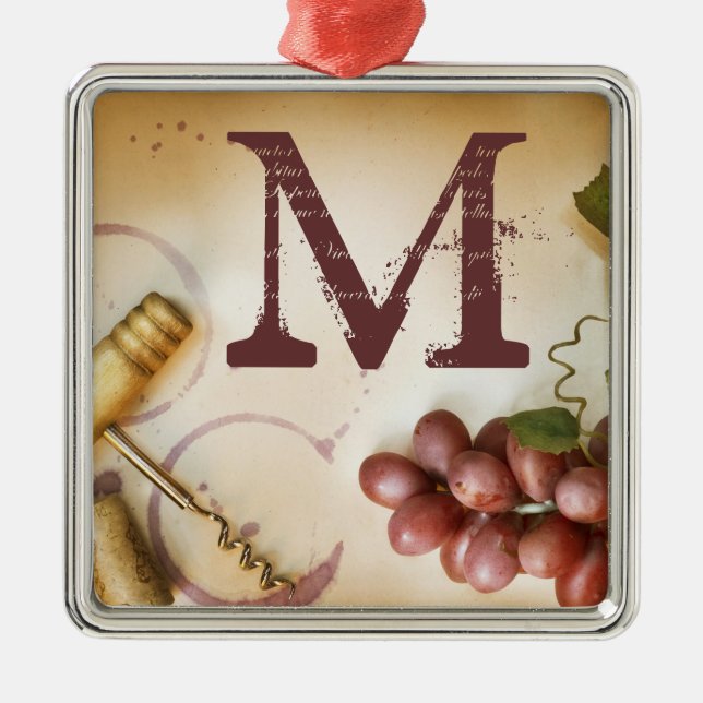 Red Wine Grapes Cork Monogram Initial Ornament (Front)