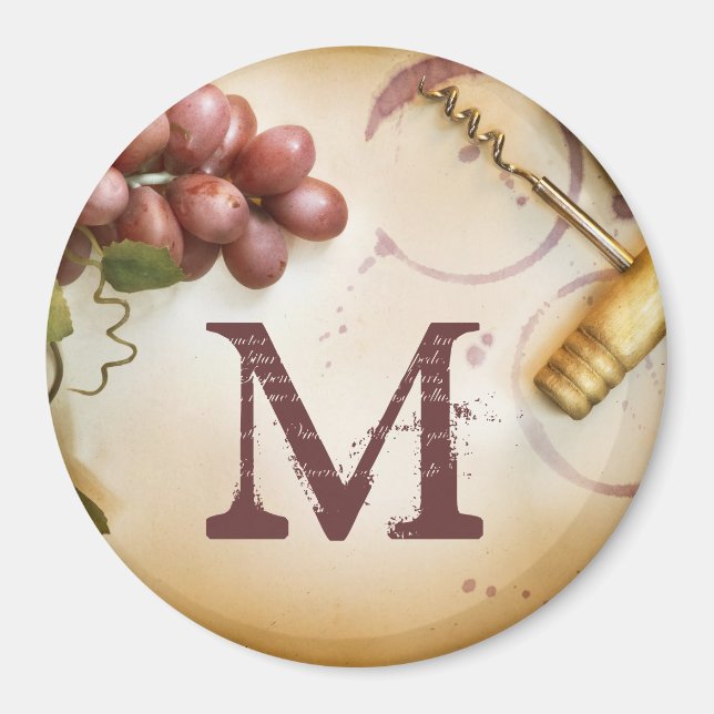 Red Wine Grapes Cork Screw Monogram Initial Magnet (Front)
