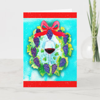 Red Wine Grapes Holiday Wreath with Wine Glass Card