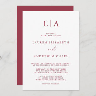 Red Wine Monogram Simple Minimalist Wedding Invita Invitation