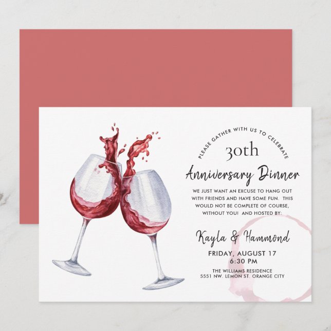 Red Wine Occasion Anniversary Celebration Dinner Invitation (Front/Back)