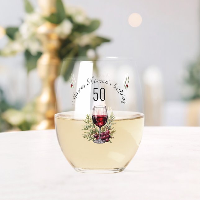 Red Wine Olive Watercolor 50th Birthday  Stemless Wine Glass (Insitu (Wedding))