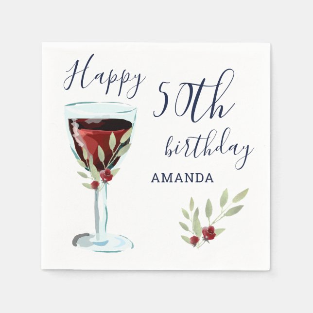 Red Wine Rose Watercolor 50th Birthday Party Napkin (Front)