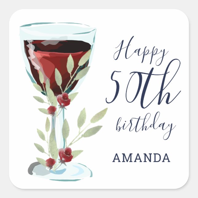 Red Wine Rose Watercolor 50th Birthday  Square Sticker (Front)