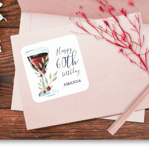 Red Wine Rose Watercolor 60th Birthday Square Sticker