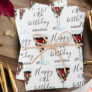 Red Wine Rose Watercolor 60th Birthday Wrapping Paper Sheet