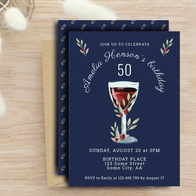 Red Wine Rose Watercolor Navy Blue 50th Birthday  Invitation (Creator Uploaded)