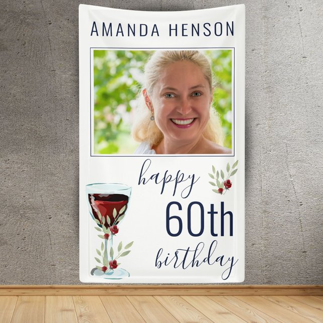 Red Wine Rose Watercolor Photo 60th Birthday  Banner (Creator Uploaded)