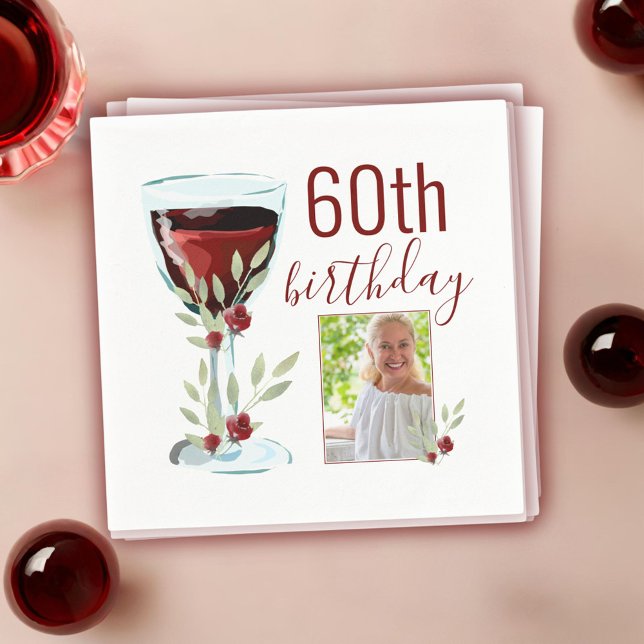Red Wine Rose Watercolor Photo 60th Birthday  Napkin (Creator Uploaded)