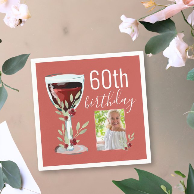 Red Wine Rose Watercolor Photo 60th Birthday  Napkin (Creator Uploaded)