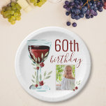 Red Wine Rose Watercolor Photo 60th Birthday  Paper Plate<br><div class="desc">Rustic Red Wine Glass Rose Watercolor Photo 60th Birthday Party Paper Plates. The design has watercolor red wine glass,  roses and twigs. The text is fully customisable - personalise it with your photo and age.</div>
