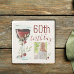 Red Wine Rose Watercolor Photo 60th Birthday  Stone Coaster<br><div class="desc">Rustic Red Wine Glass Rose Watercolor Photo 60th Birthday Stone Coaster. The design has watercolor red wine glass,  roses and twigs. The text is fully customisable - personalise it with your photo and age.</div>